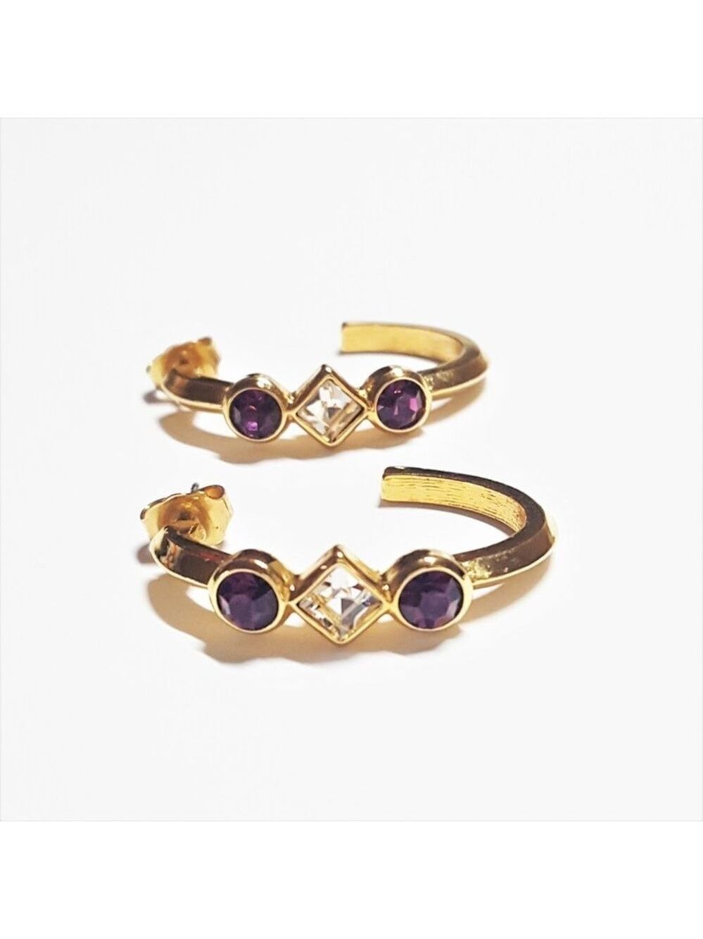 Avon Vintage gold hoop earrings with amethyst & clear rhinestones